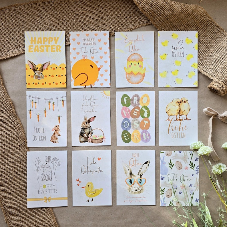 12er Osterkarten Set, Kartenset für Ostern, stilvolle Postkarten für Ostern, einzigartiges Osterkartenset - Personalisierte Geschenke | Geschenkhaltig