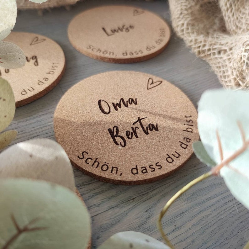 Platzkarten personalisiert Kork | Gastgeschenk | Platzkarten Hochzeit - Personalisierte Geschenke | Geschenkhaltig