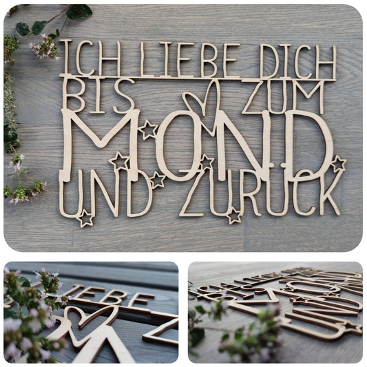 Schriftzug Holz - Bis zum Mond und zurück